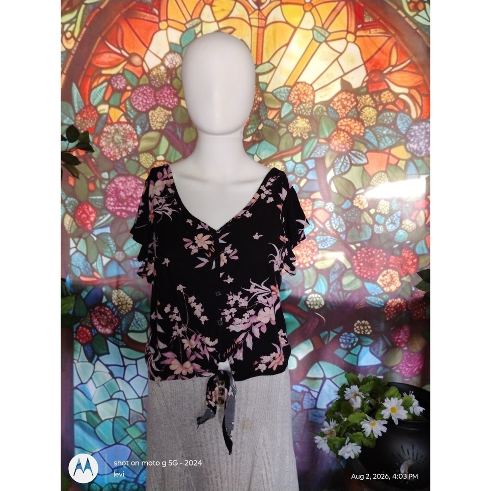 Hot Kiss Y2K Baby Doll Floral Tie Front Button Down Shirt Black Pink Large